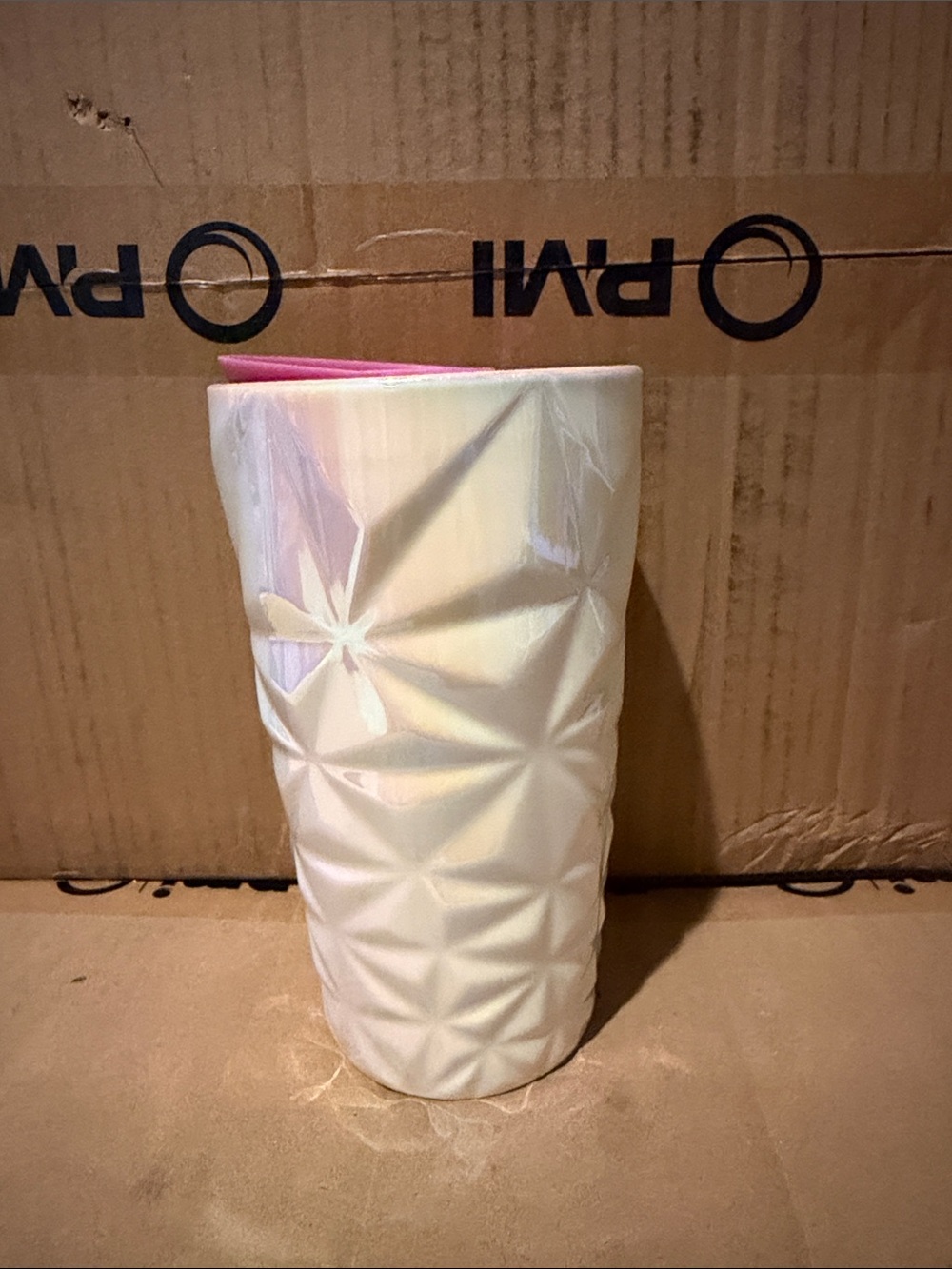Starbucks Iridescent White Geometric Ceramic Vase with Pink Accent